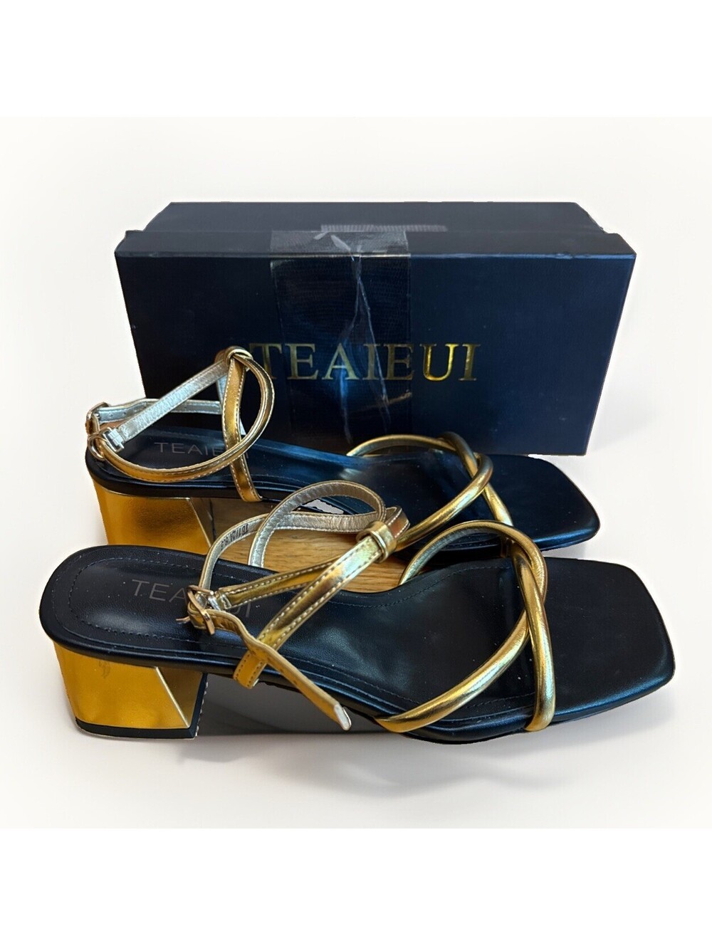 EUC Teaieui Womens Gold Open Toe 2" Block Heel Ankle Strap Sandals Size 8.5